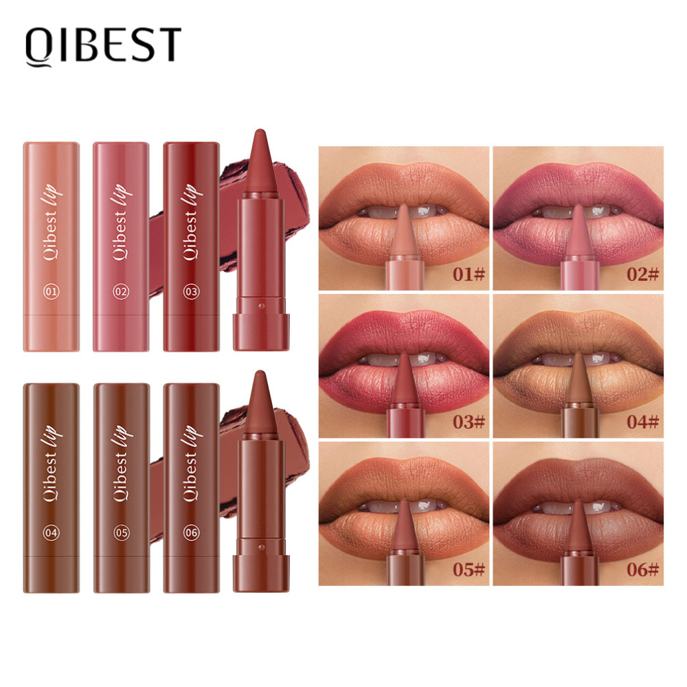 QIBEST跨境持久易上色雾面哑光旋转口红笔自然防水口红唇线笔彩妆