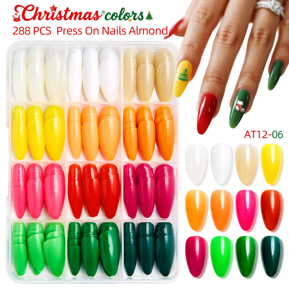 2025 Christmas manicure false nails almond style press-on patches high gloss glitter solid color glossy matte French style