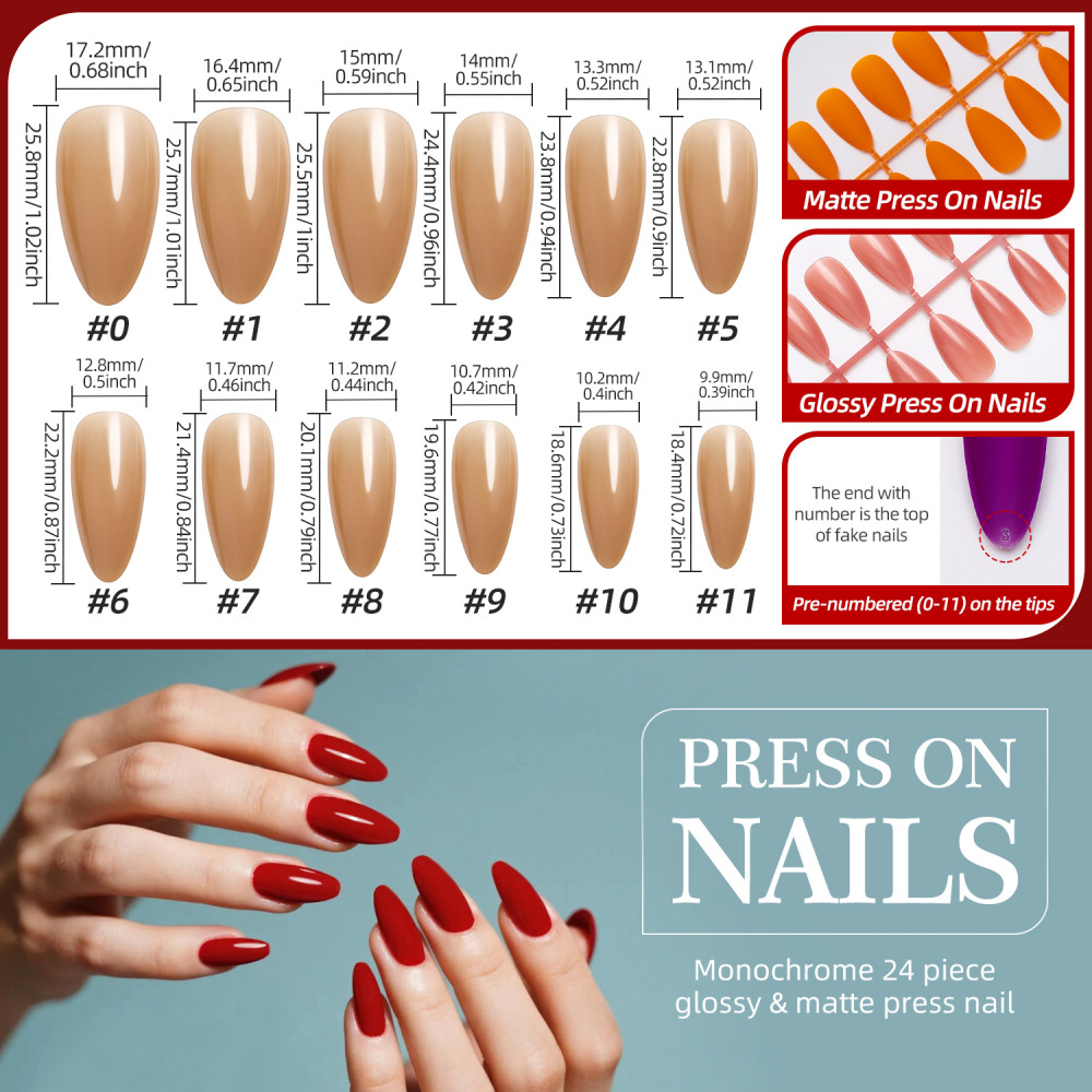 Amazon 24-color boxed adult wearable almond tip nails matte color press-on nail art nails fake nails