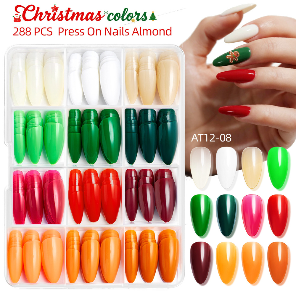2025 Christmas manicure false nails almond style press-on patches high gloss glitter solid color glossy matte French style