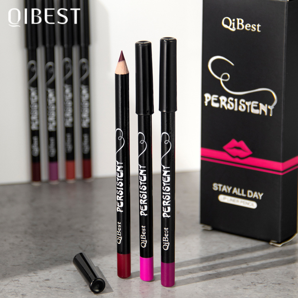 QIBEST Fashion Black Waterproof 12-Color Lipstick - Non-transferable, easy to apply, long-lasting, natural, and three-dimensional lip liner.