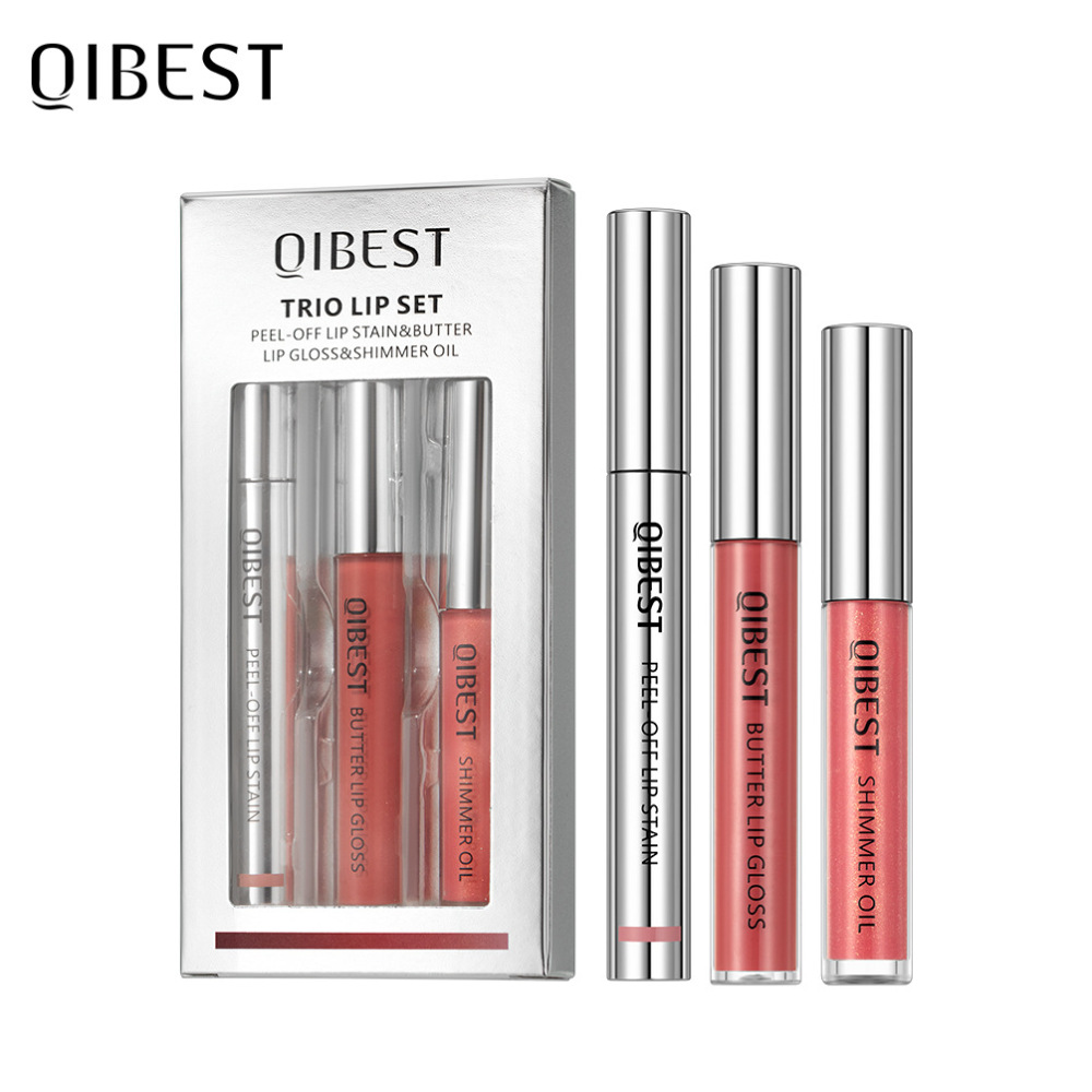 QIBEST不粘杯哑光纹绣剥离式撕拉唇彩唇线易上色镜面珠光唇油套装