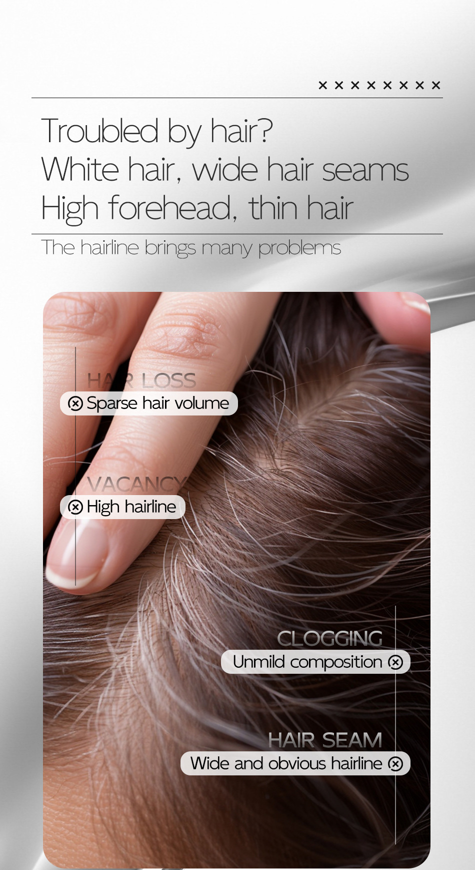 Hand lifting hair showing sparse volume and high hairline