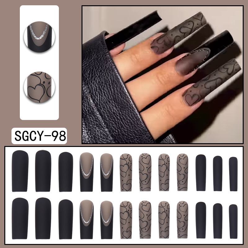 跨境透黑磨砂暗黑系欧美法式甲片长款穿戴式水管甲press on nails