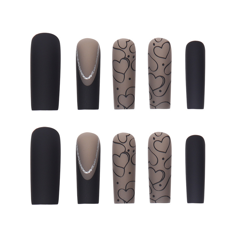 跨境透黑磨砂暗黑系欧美法式甲片长款穿戴式水管甲press on nails