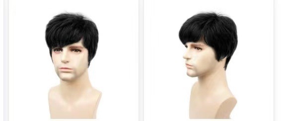 欧美外贸 男士假发 真发黑色短发斜刘海human hair机制头套假发男