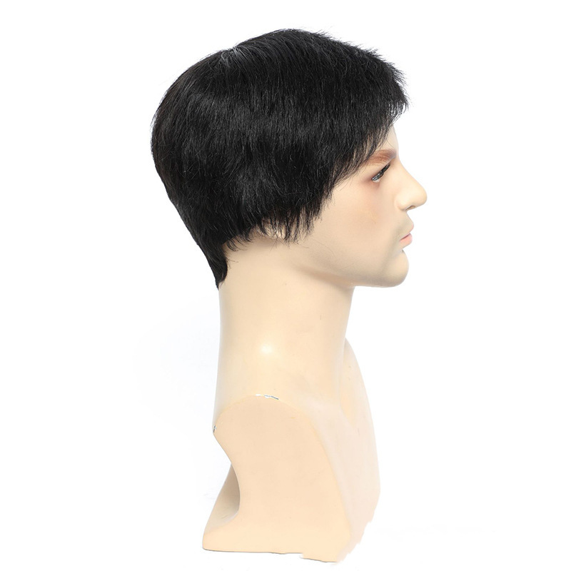 欧美外贸 男士假发 真发黑色短发斜刘海human hair机制头套假发男