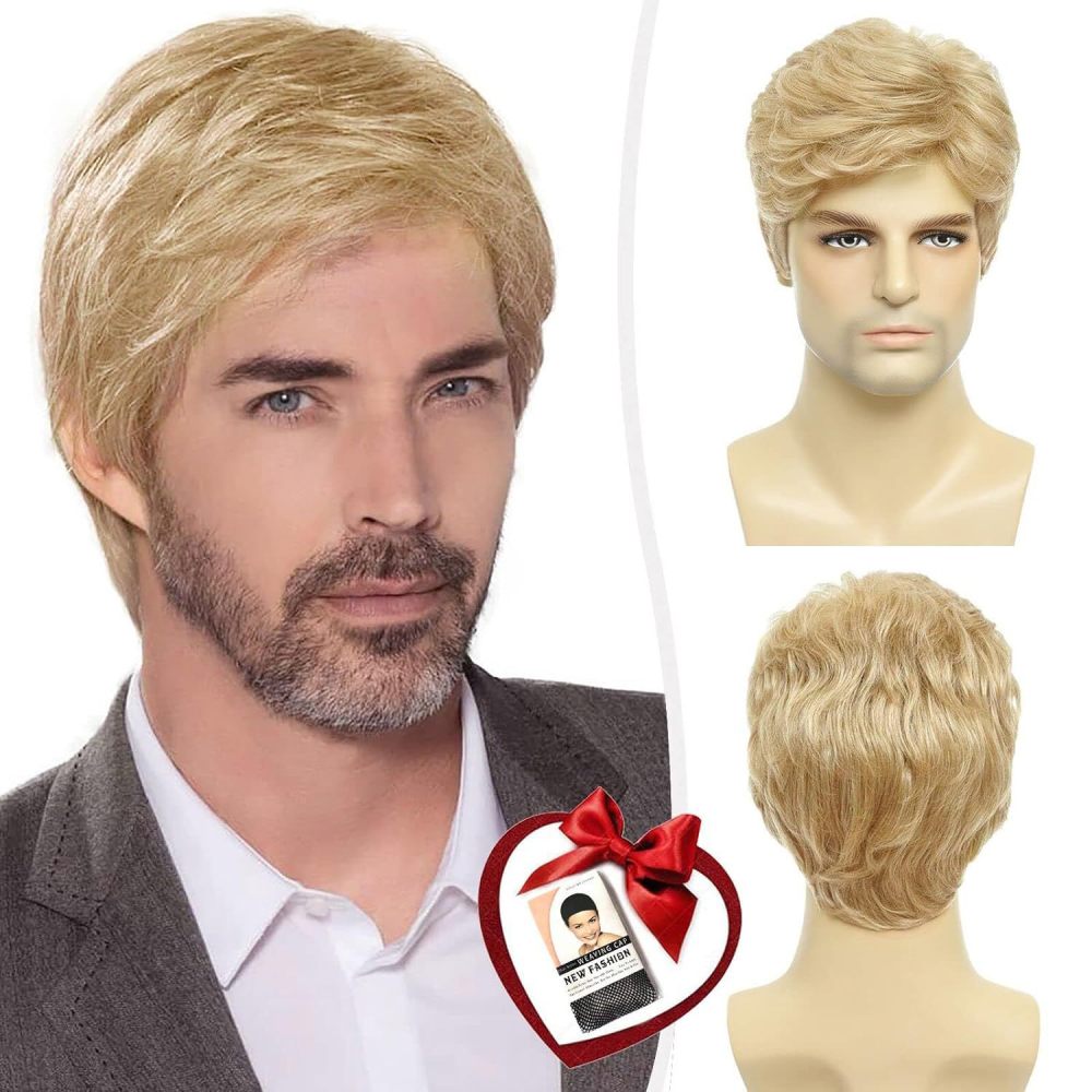 跨境假发 男士假发 棕色偏分短卷发 高温丝化纤短头套厂家现货wig