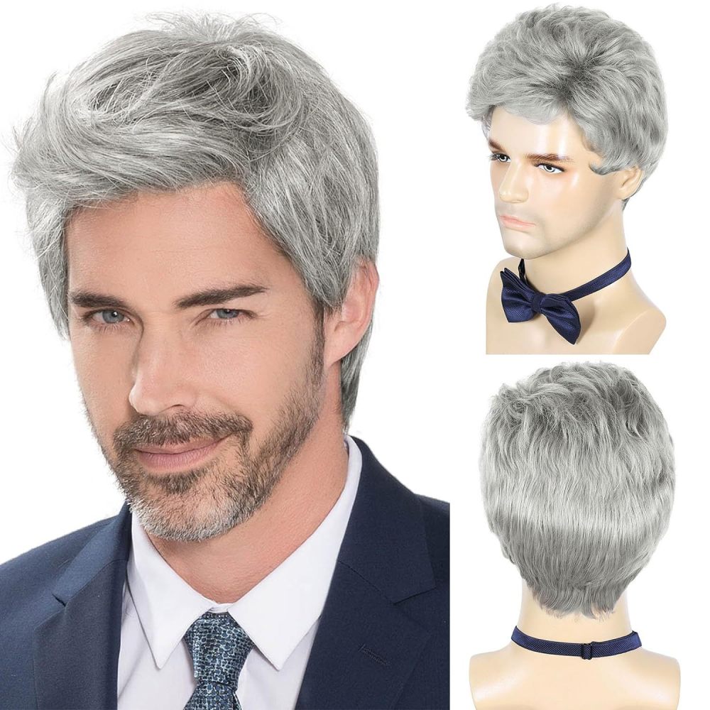 跨境假发 男士假发 棕色偏分短卷发 高温丝化纤短头套厂家现货wig