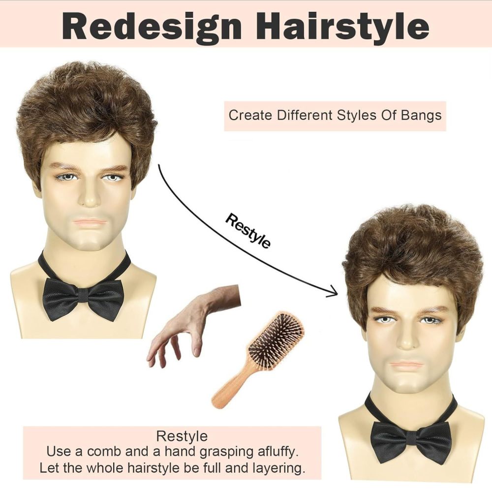 跨境假发 男士假发 棕色偏分短卷发 高温丝化纤短头套厂家现货wig