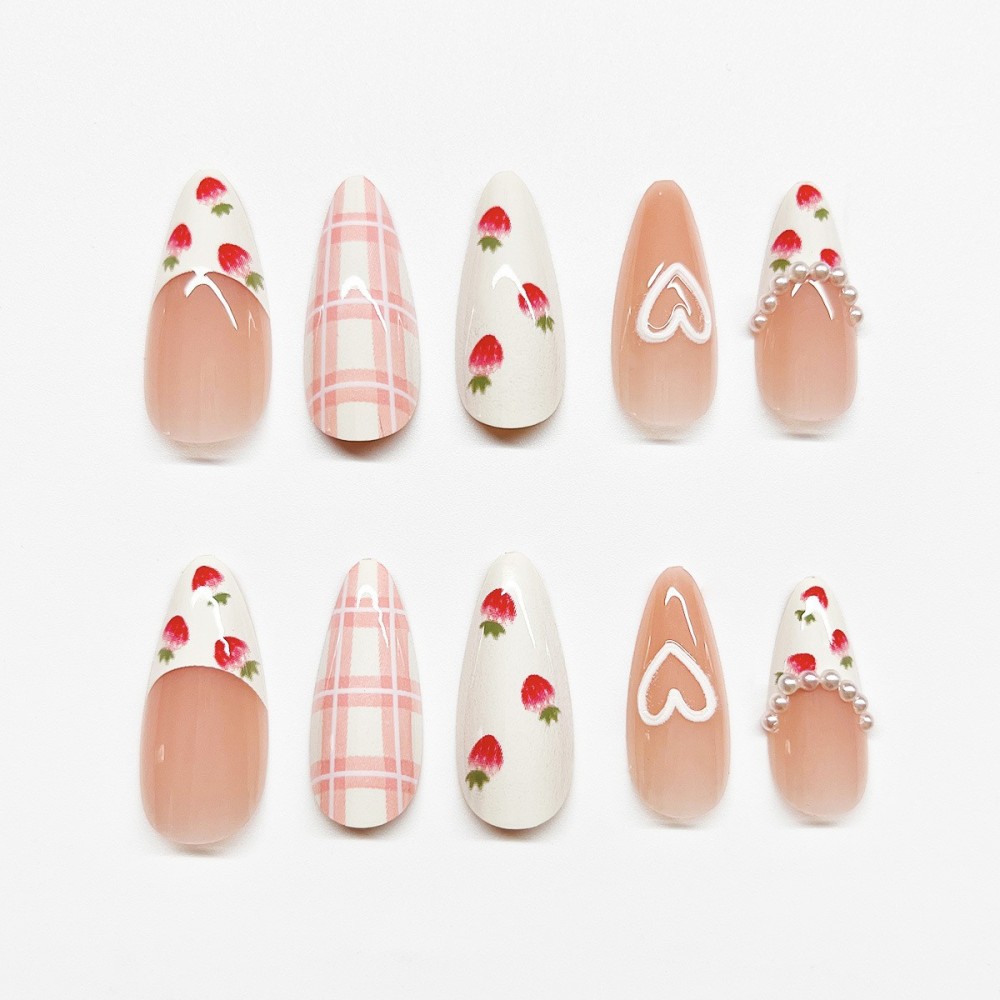 中长款芭蕾甲珍珠爱心美甲欧美热销可爱甜美草莓假指甲穿戴甲批发