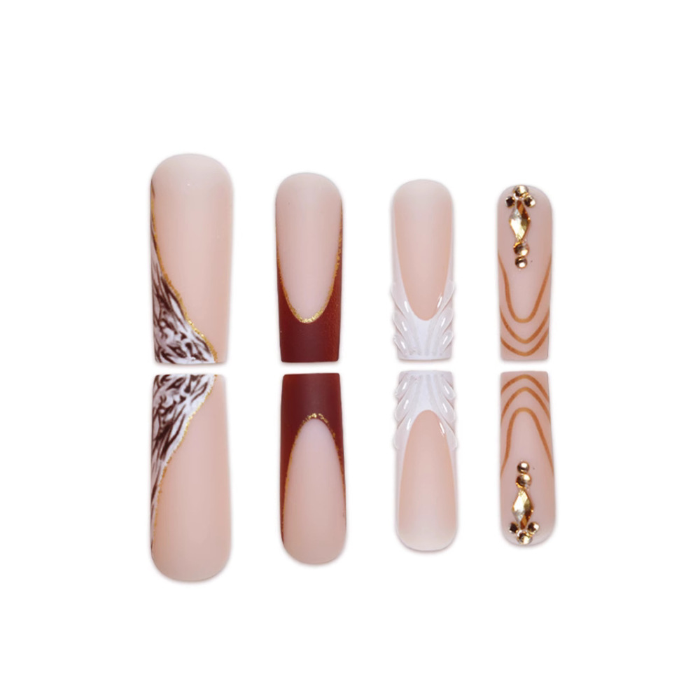 跨境热售方型假指甲法式白边晕染爆闪棱形水钻穿戴甲甲片成品批发