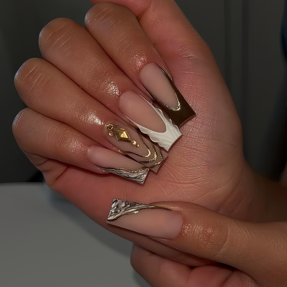 跨境热售方型假指甲法式白边晕染爆闪棱形水钻穿戴甲甲片成品批发