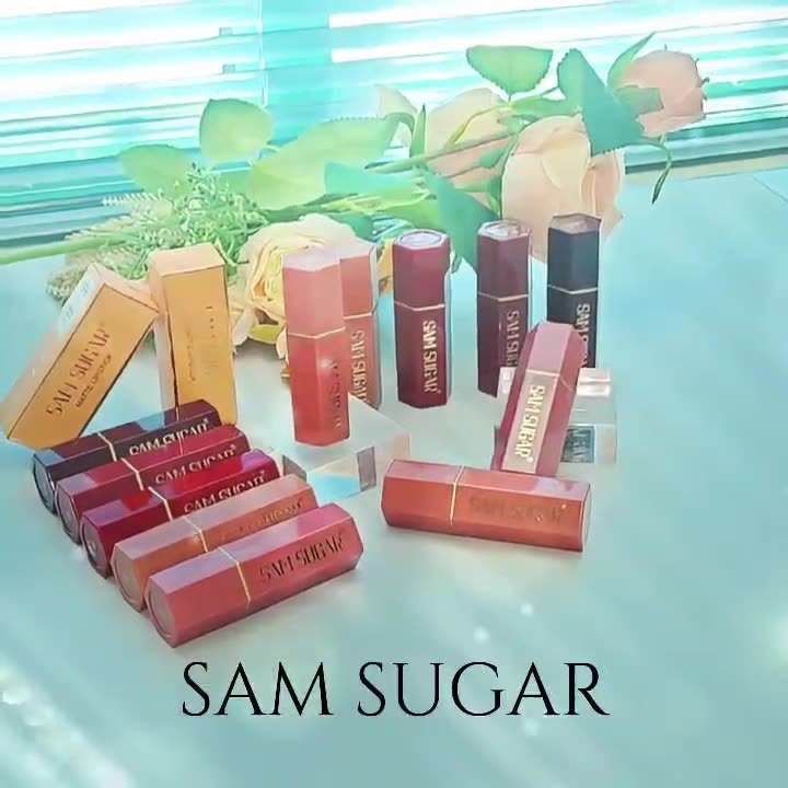 跨境彩妆SAM SUGAR 6色珠光口红持妆好上色提升气色丝绒滋润唇彩