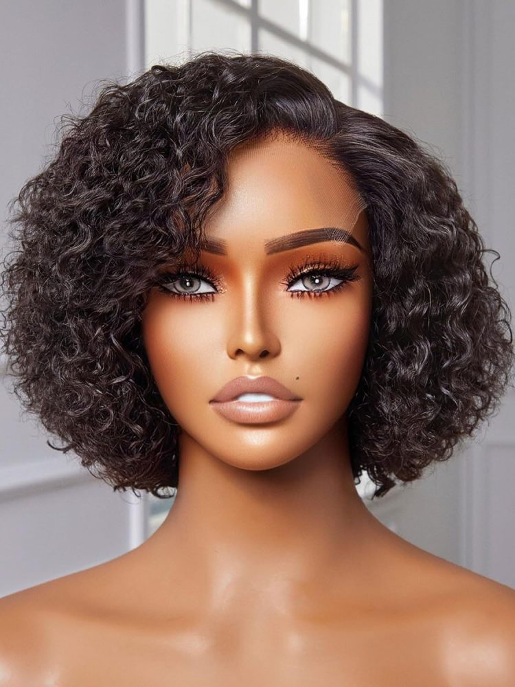 亚马逊新品 非洲女士前蕾丝化纤头套 自然色偏分短卷发 小卷发wig