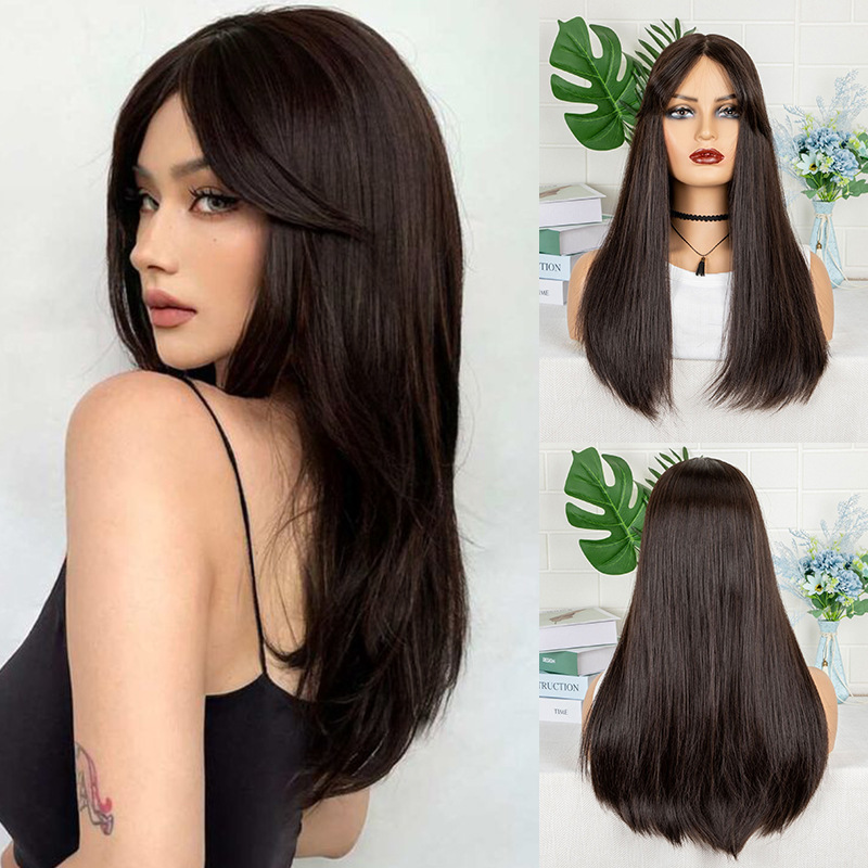 跨境新品假发 女士T型前蕾丝化纤头套 八字刘海中分长直发网红wig