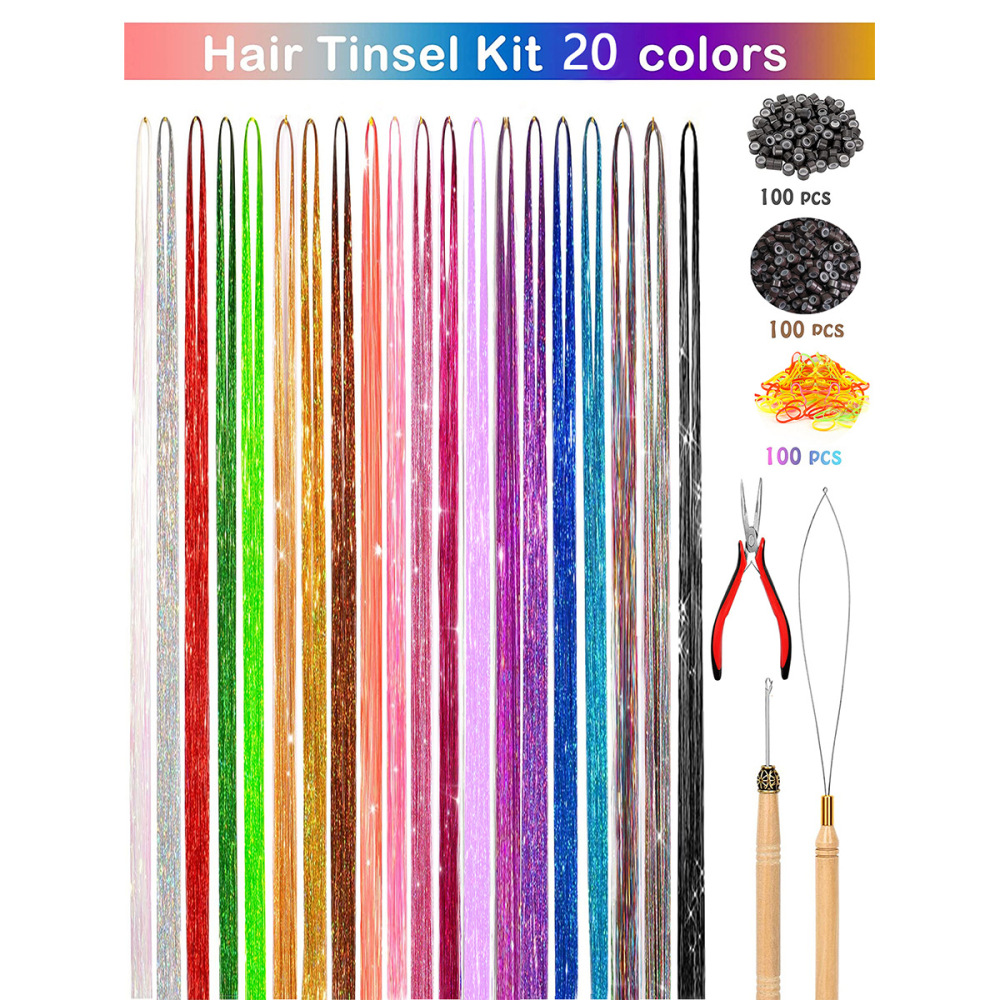 tinsel hair16色七彩无痕金丝接发套装钳子钩针炫彩镭射接发