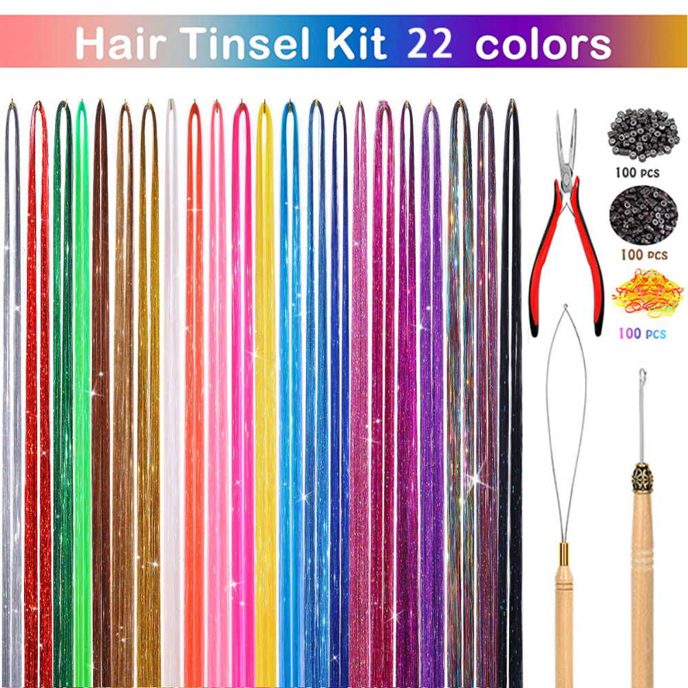 tinsel hair16色七彩无痕金丝接发套装钳子钩针炫彩镭射接发