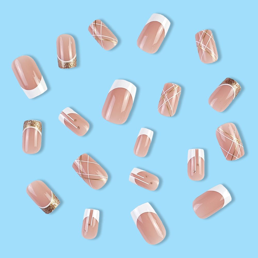 穿戴甲美甲指甲贴片法式金边线条短款欧方型甲片假指甲nails印花