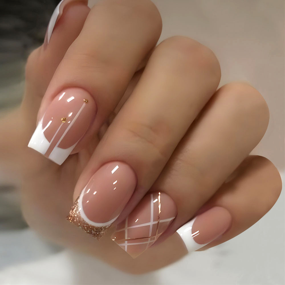 穿戴甲美甲指甲贴片法式金边线条短款欧方型甲片假指甲nails印花