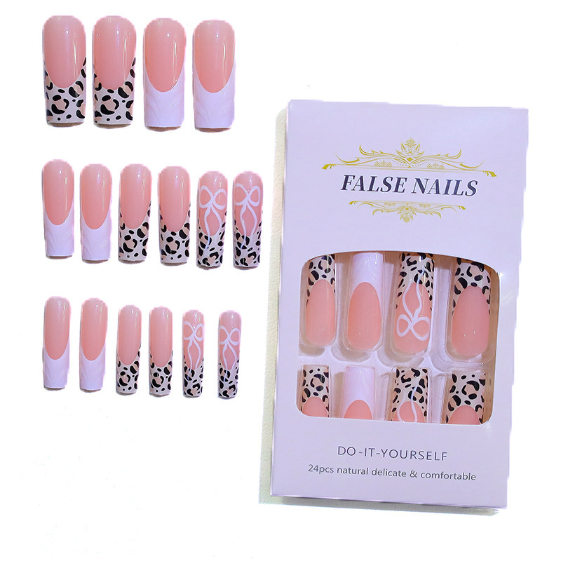 Hot-selling 24-piece set of 3D leopard-print French-style bow long square press-on nails