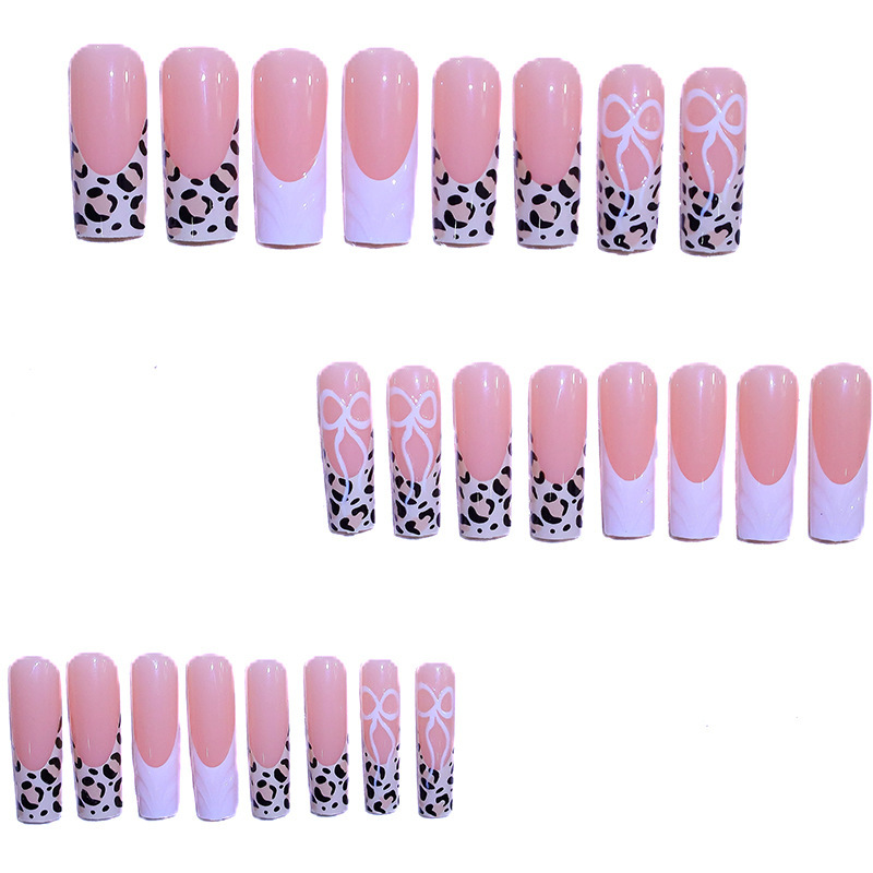 Hot-selling 24-piece set of 3D leopard-print French-style bow long square press-on nails
