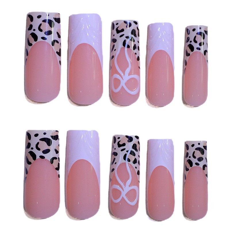 Hot-selling 24-piece set of 3D leopard-print French-style bow long square press-on nails