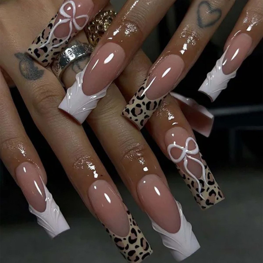Hot-selling 24-piece set of 3D leopard-print French-style bow long square press-on nails