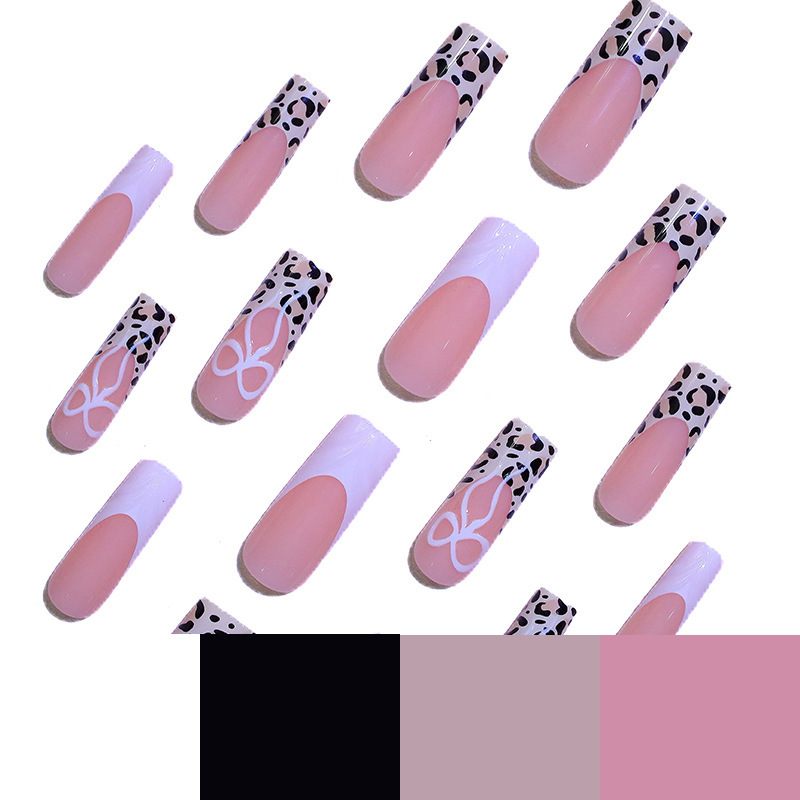 Hot-selling 24-piece set of 3D leopard-print French-style bow long square press-on nails