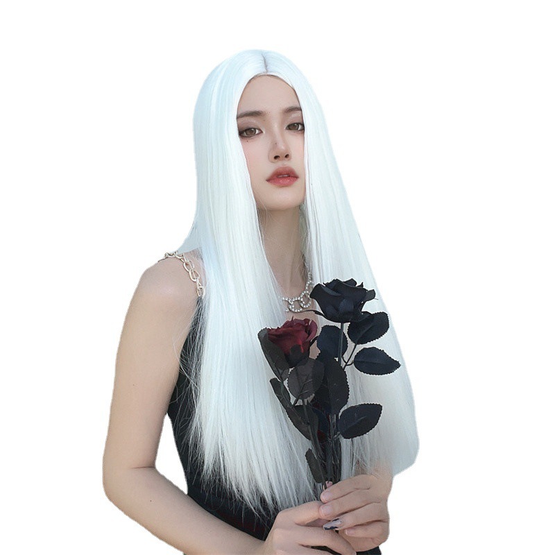 厂家现货假发女欧美时尚白色长直发化纤头套跨境中分长发海外代发