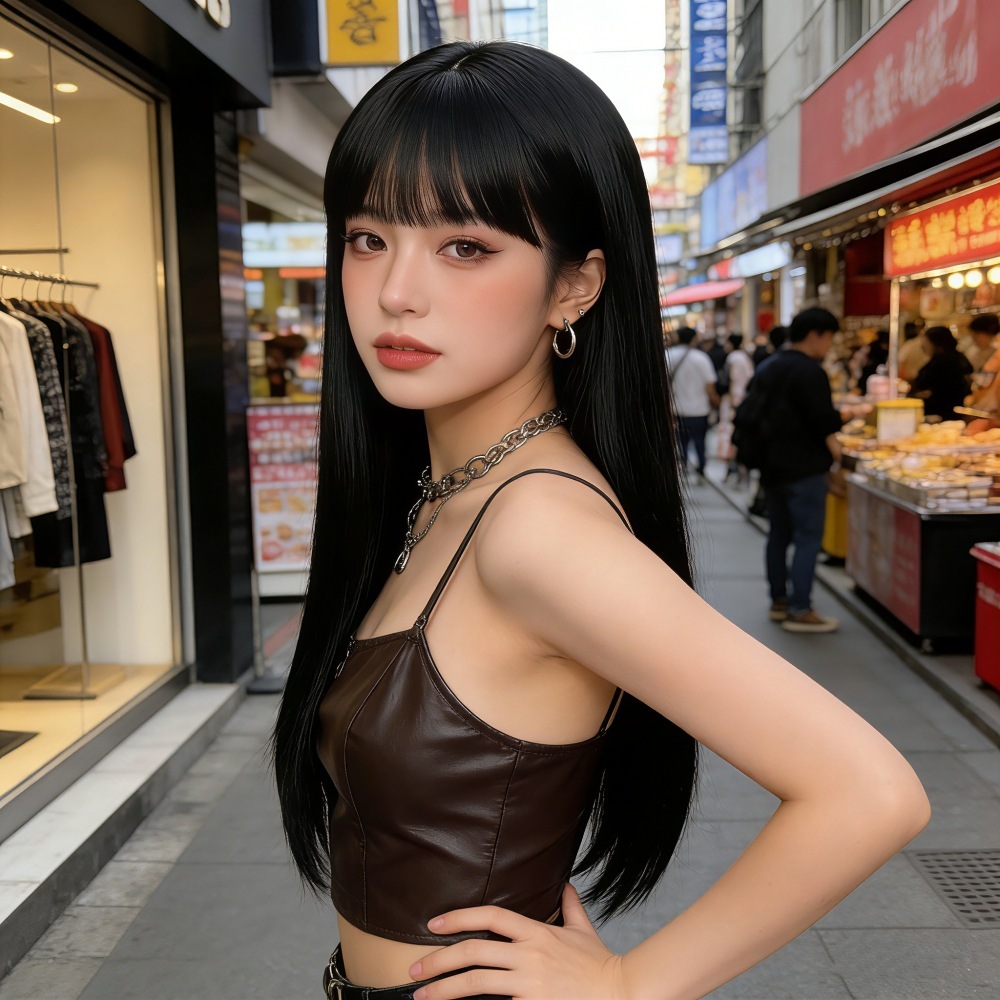 厂家批发假发女空气刘海黑色长直发仿真头皮蓬松自然高温丝全头套