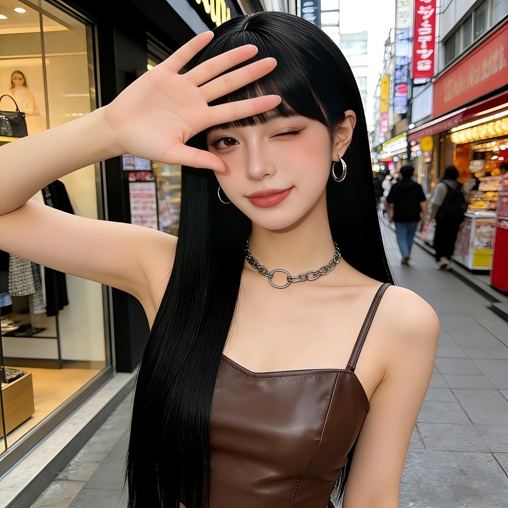 厂家批发假发女空气刘海黑色长直发仿真头皮蓬松自然高温丝全头套