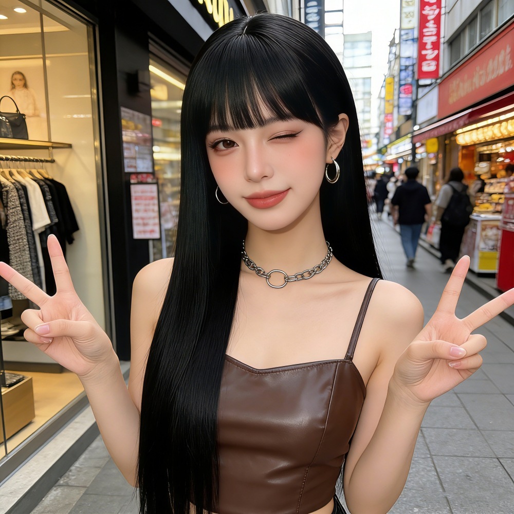 厂家批发假发女空气刘海黑色长直发仿真头皮蓬松自然高温丝全头套