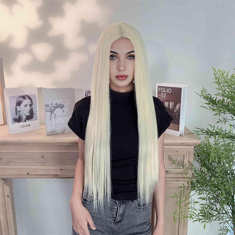 亚马逊欧美假发女浅金色长直假发外贸手织仿真前蕾丝化纤头套wigs