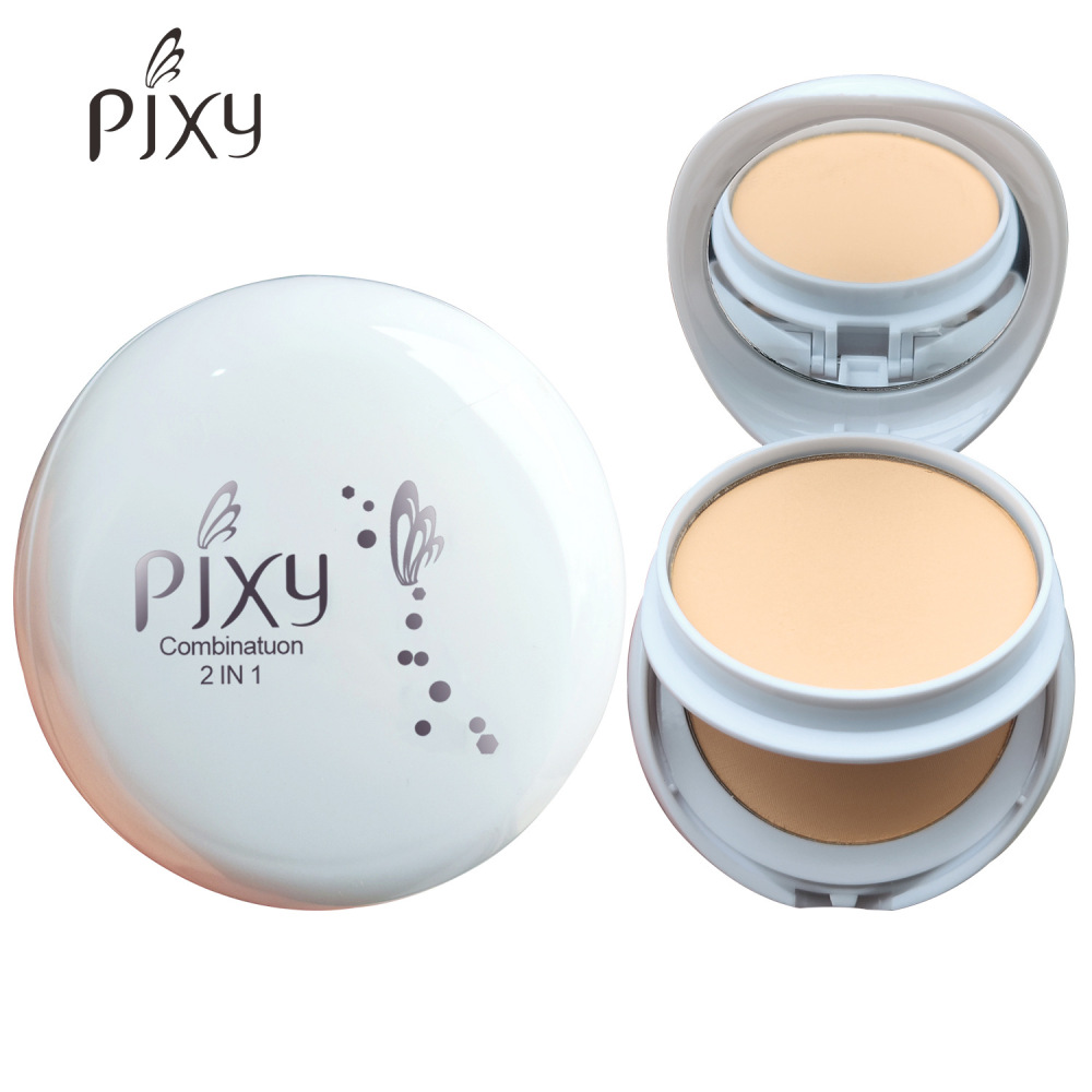 PIXY跨境外贸出口浅色双层粉饼防水自然全覆盖带镜子粉扑