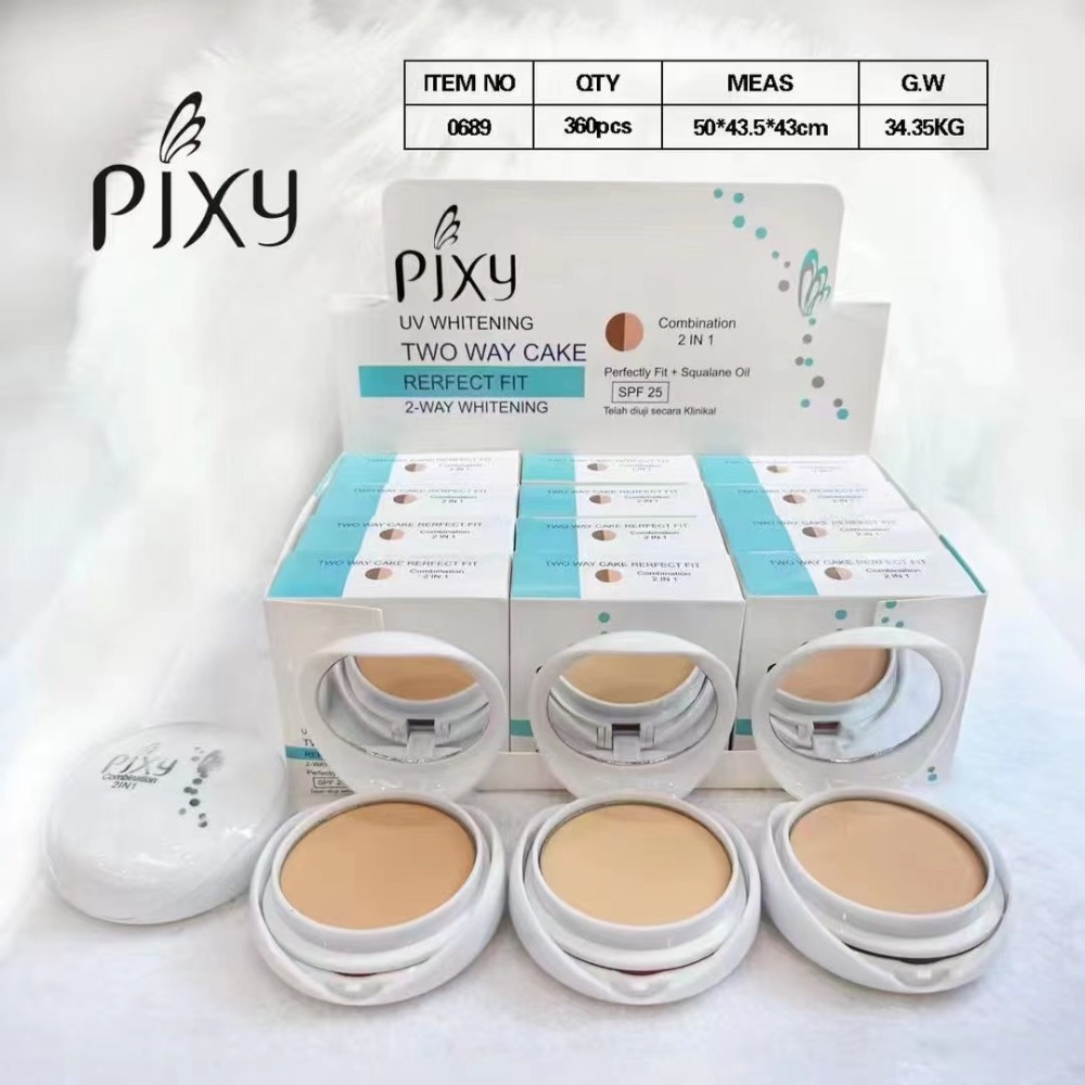 PIXY跨境外贸出口浅色双层粉饼防水自然全覆盖带镜子粉扑