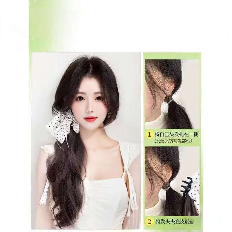波点蝴蝶结抓夹低扎侧马尾抓夹款仿真假发轻盈无痕氛围感马尾现货