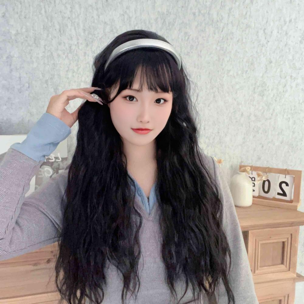 速卖通新品韩系银色发箍水波纹假发女一体式长卷发型头套工厂直销