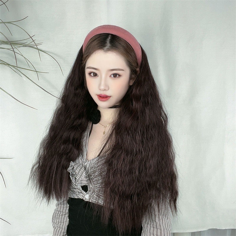 工厂现货假发女仿真发丝玉米烫卷发网红发箍长发半头套式一件代发