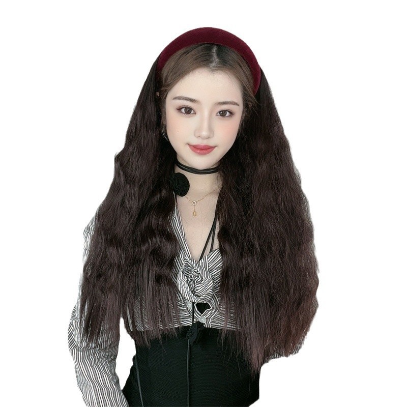 工厂现货假发女仿真发丝玉米烫卷发网红发箍长发半头套式一件代发