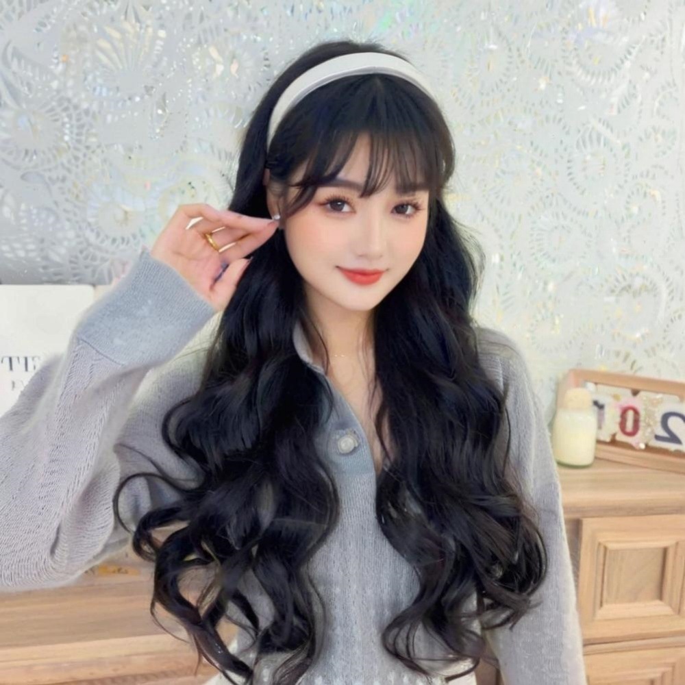 Y2K银色发箍假发一体式气质少女网红同款半头套波浪卷发一件代发