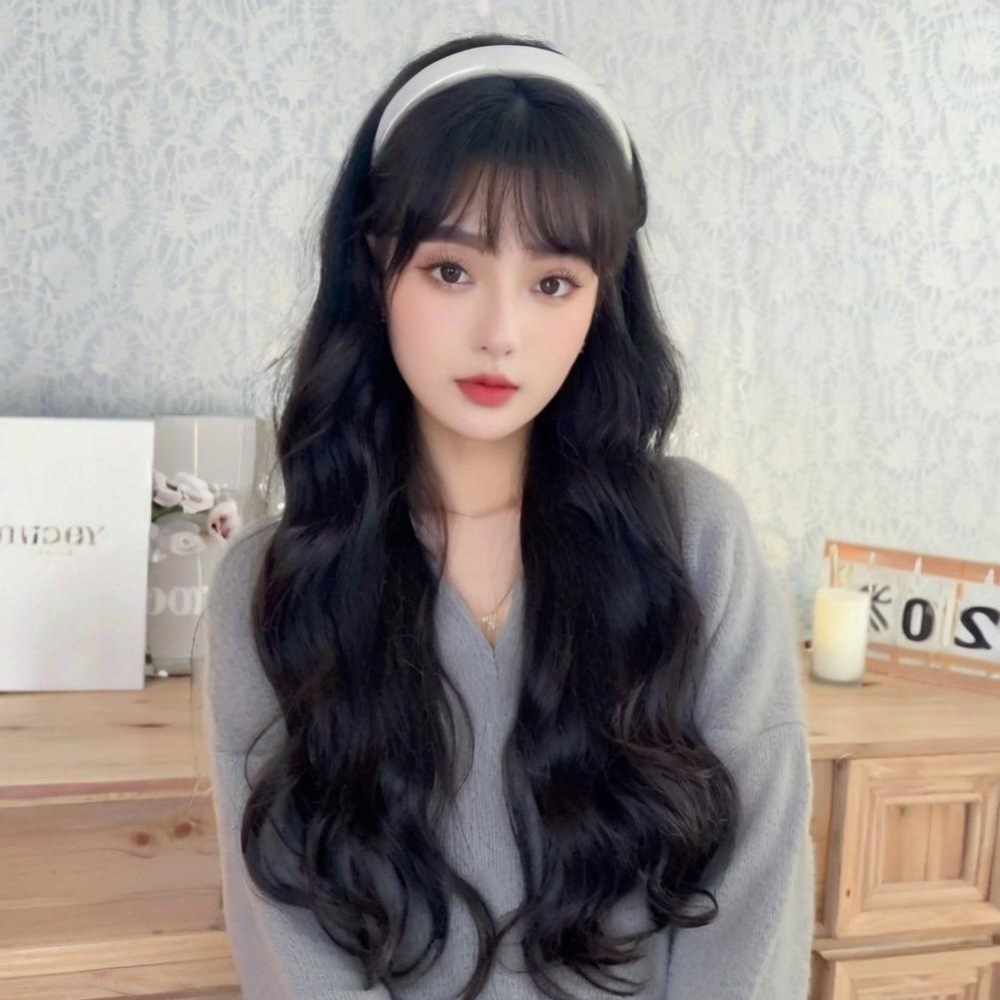 Y2K银色发箍假发一体式气质少女网红同款半头套波浪卷发一件代发