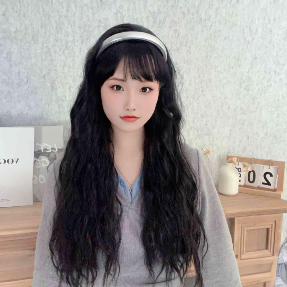 速卖通新品韩系银色发箍水波纹假发女一体式长卷发型头套工厂直销