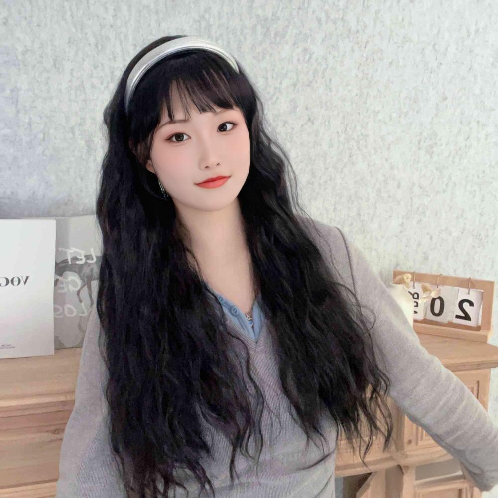 速卖通新品韩系银色发箍水波纹假发女一体式长卷发型头套工厂直销