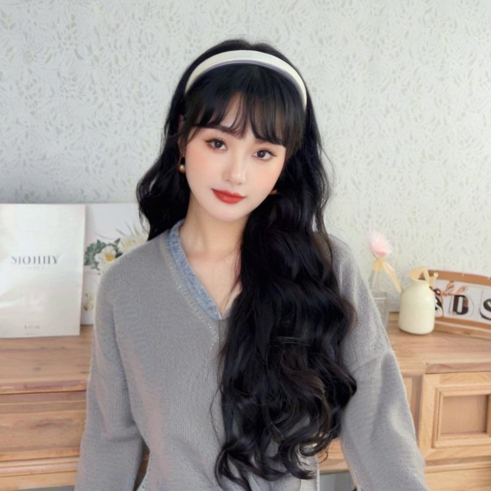 Y2K银色发箍假发一体式气质少女网红同款半头套波浪卷发一件代发
