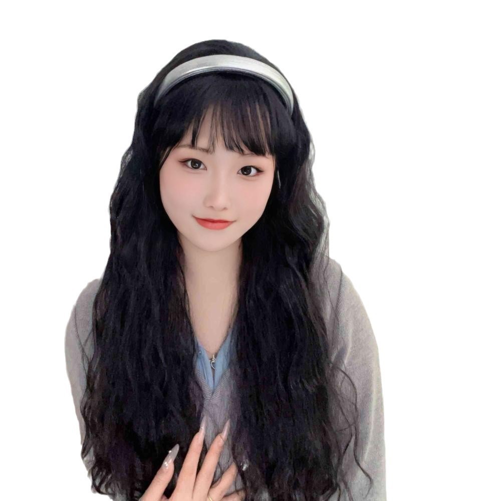 速卖通新品韩系银色发箍水波纹假发女一体式长卷发型头套工厂直销