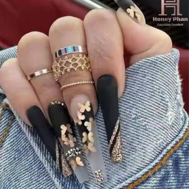 欧美穿戴甲长款金色蝴蝶甲片成品贴钻假指甲美甲贴片暗黑蝴蝶甲片