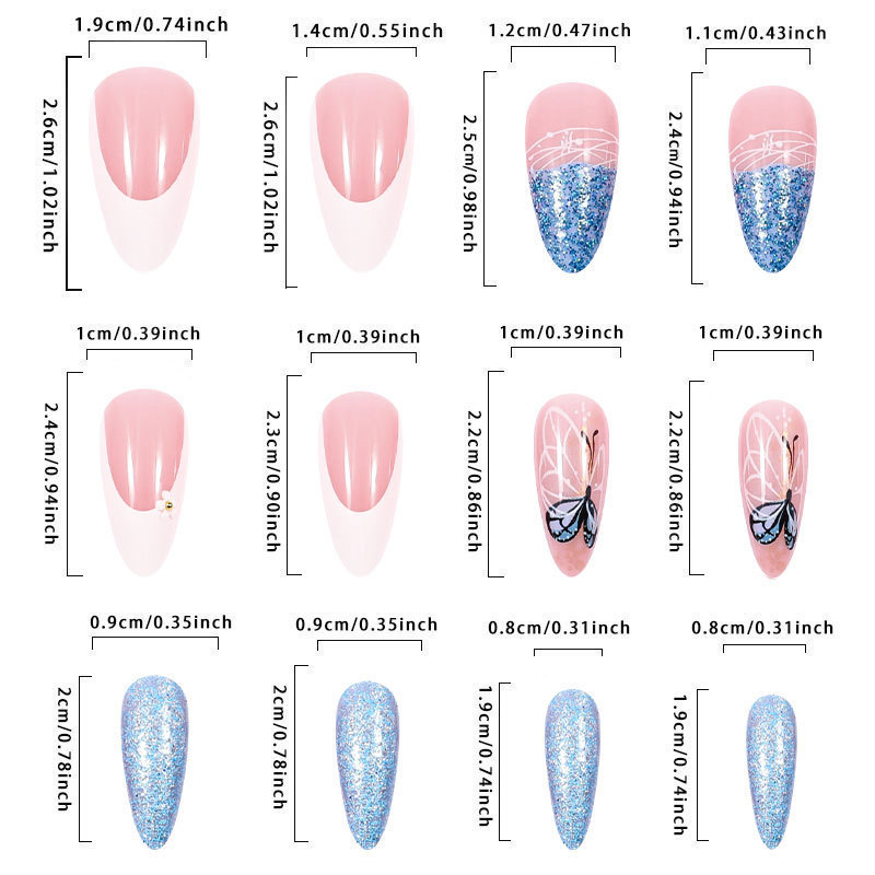 跨境 墨蓝蝴蝶欧美穿戴甲蓝色爆闪美甲甲片可拆卸假指甲片批发