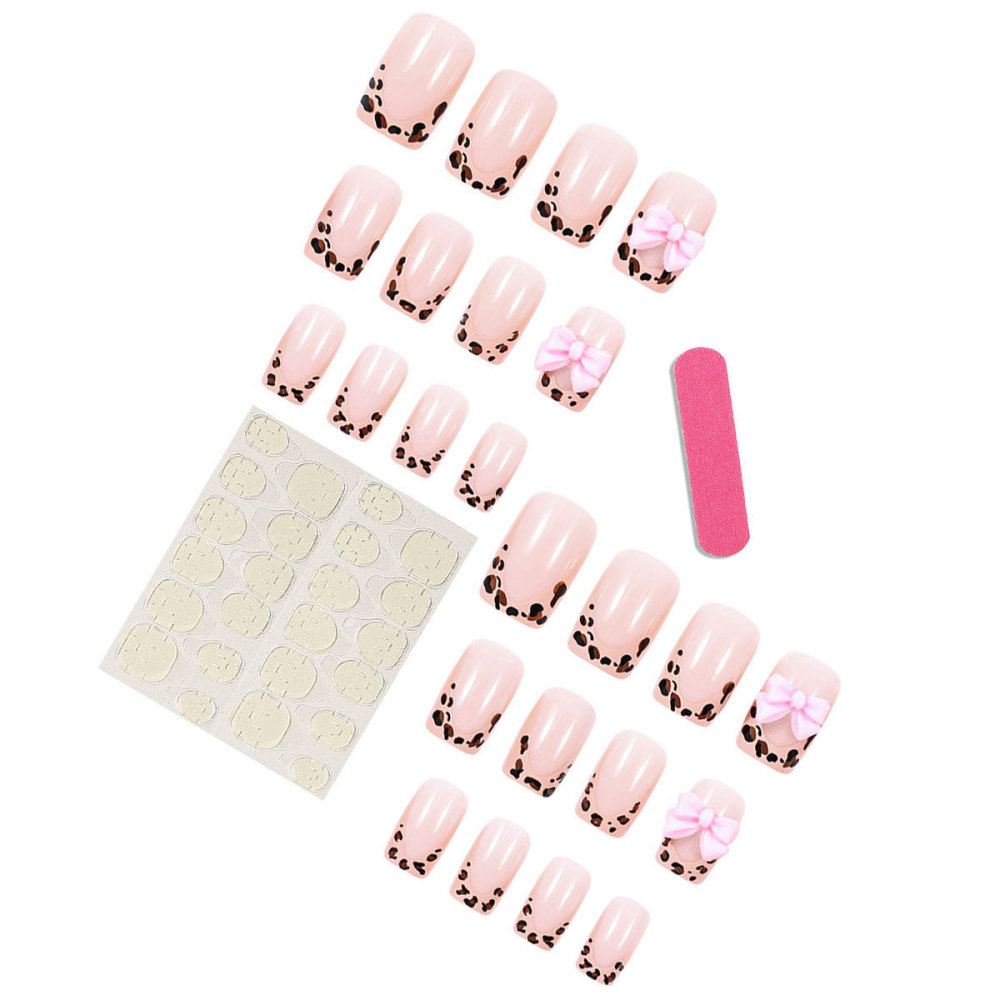 跨境 美甲豹纹法式甲片欧美穿戴甲粉色蝴蝶结甲片方形假指甲批发
