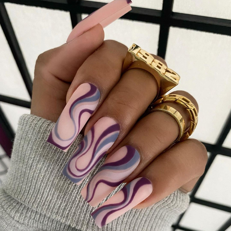 欧美长款甲片假指甲波浪线条穿戴甲成品批发美甲片press on nail